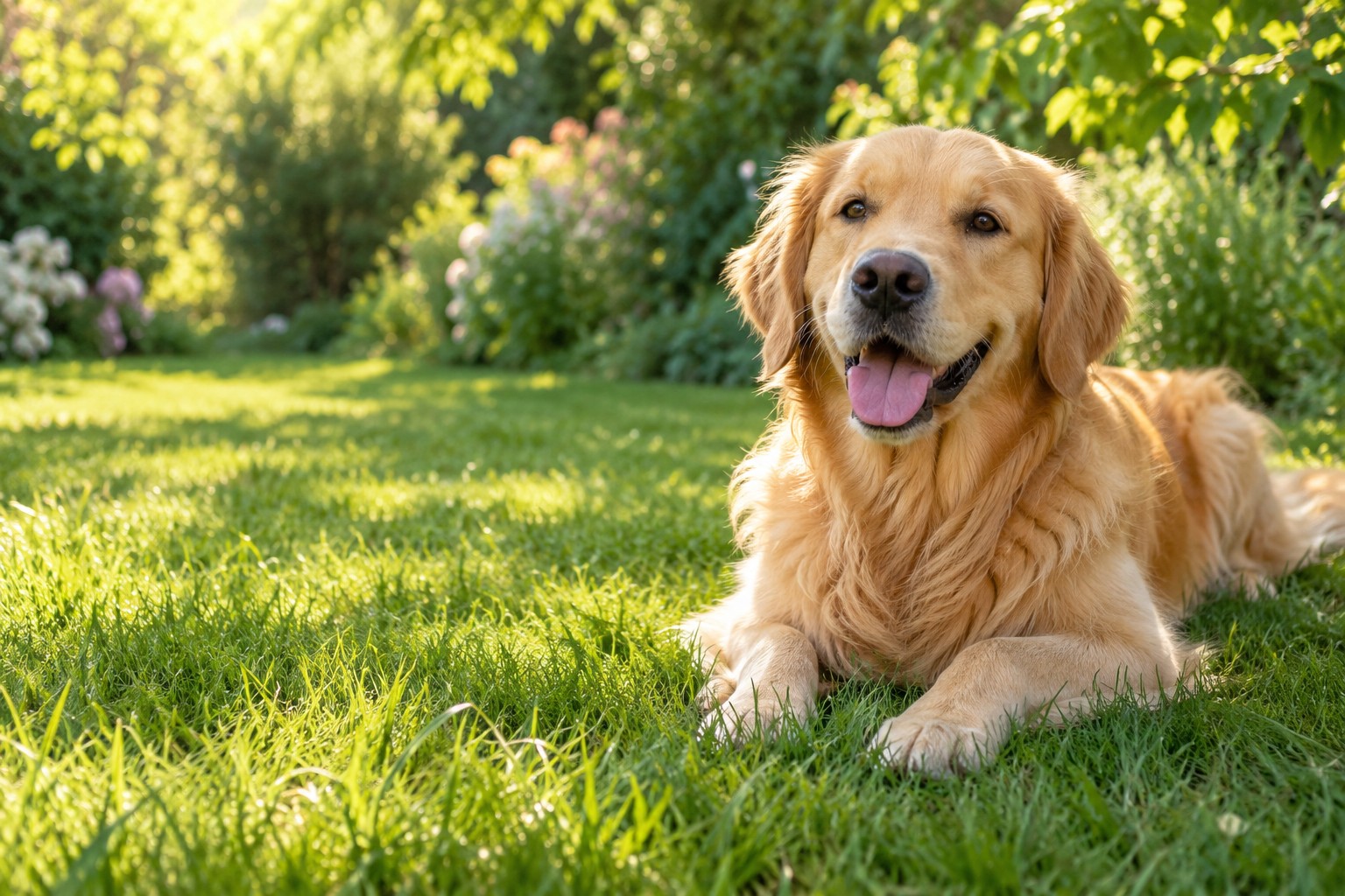 Un golden retriever détendu dans l’herbe, au soleil